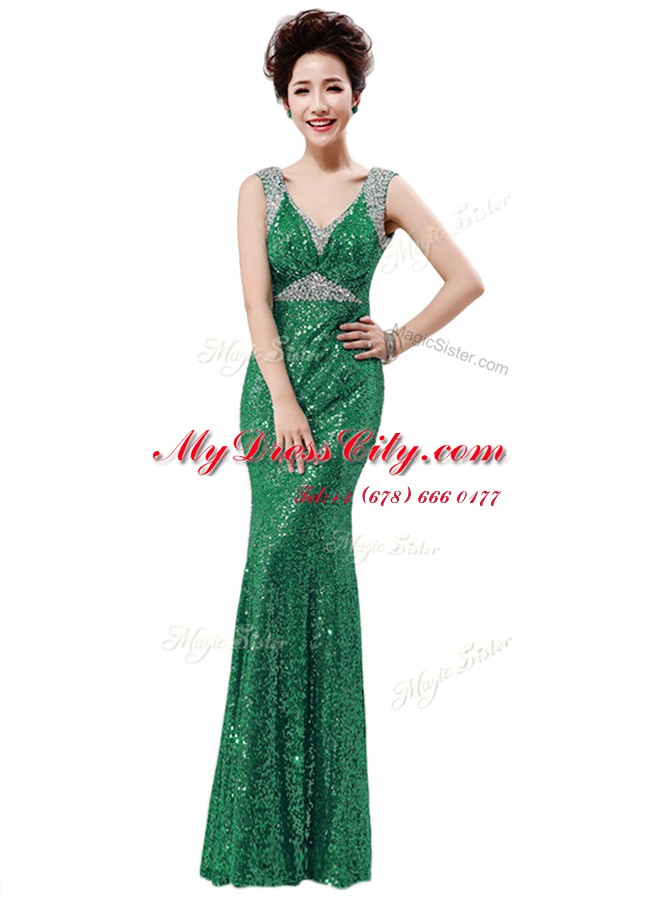 Decent Green Sleeveless Sequins Floor Length Prom Gown