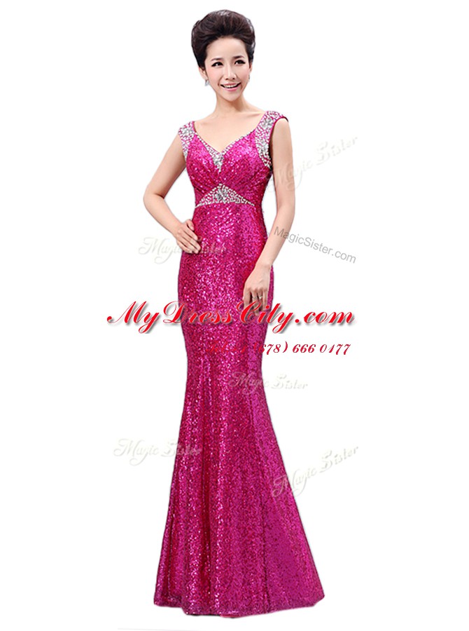 Fuchsia Column/Sheath Sequins Prom Party Dress Zipper Sequined Sleeveless Floor Length