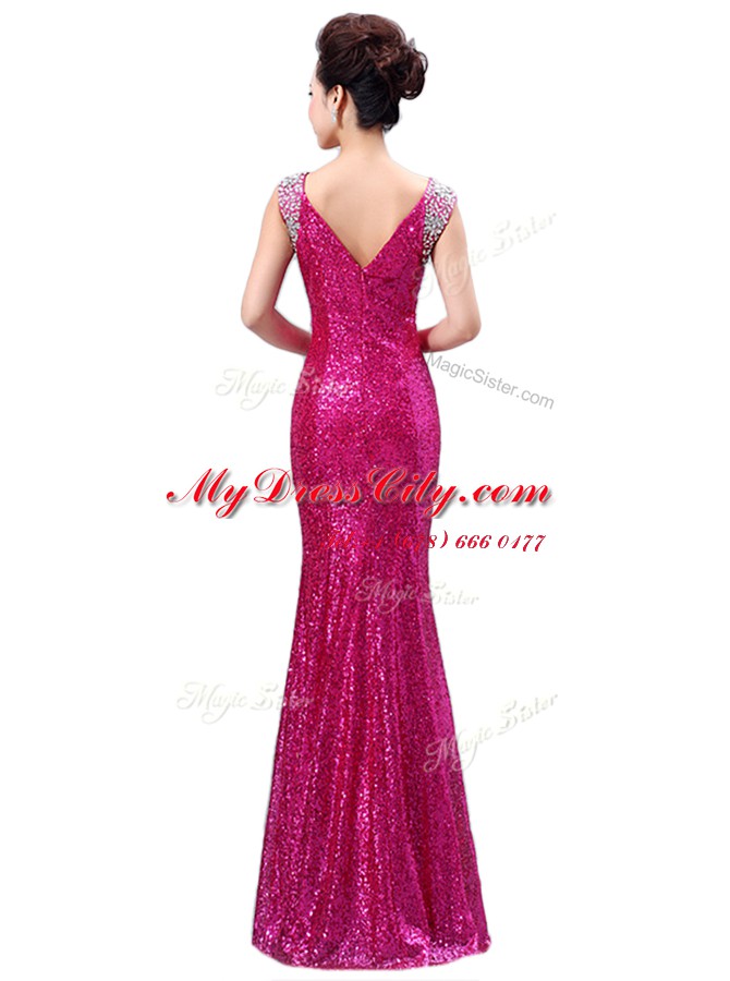 Fuchsia Column/Sheath Sequins Prom Party Dress Zipper Sequined Sleeveless Floor Length