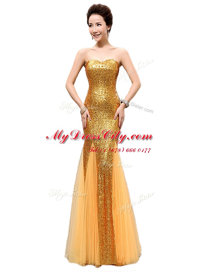 Gold Mermaid Sequined Sweetheart Sleeveless Sequins Floor Length Zipper Prom Dress