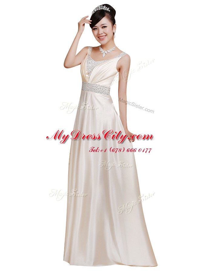 Noble White Elastic Woven Satin Zipper Prom Evening Gown Sleeveless Floor Length Beading