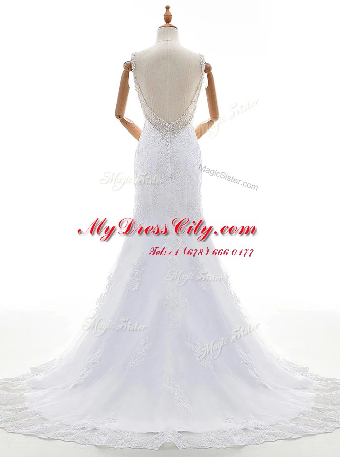 Edgy Mermaid Lace With Train White Wedding Gown Straps Sleeveless Court Train Backless