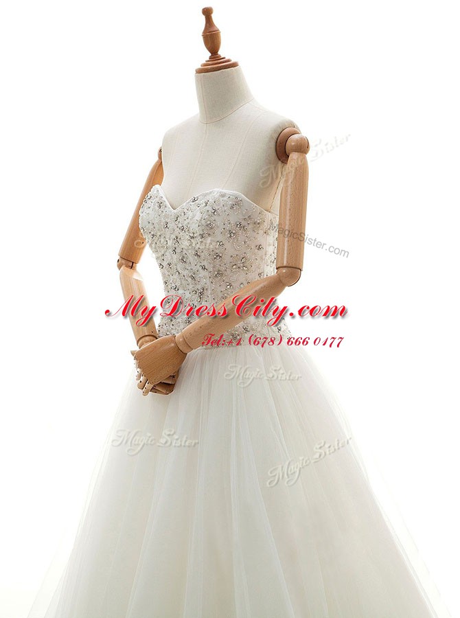 Fabulous White Wedding Dresses Wedding Party and For with Beading and Appliques Sweetheart Sleeveless Chapel Train Lace Up