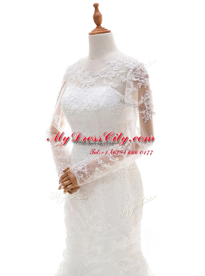 Unique Mermaid White Lace Clasp Handle Scoop Long Sleeves With Train Wedding Gown Brush Train Beading and Lace