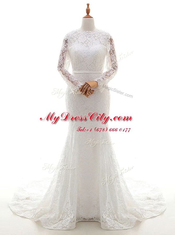 Fine Mermaid Scalloped Long Sleeves Brush Train Zipper Bridal Gown White Lace