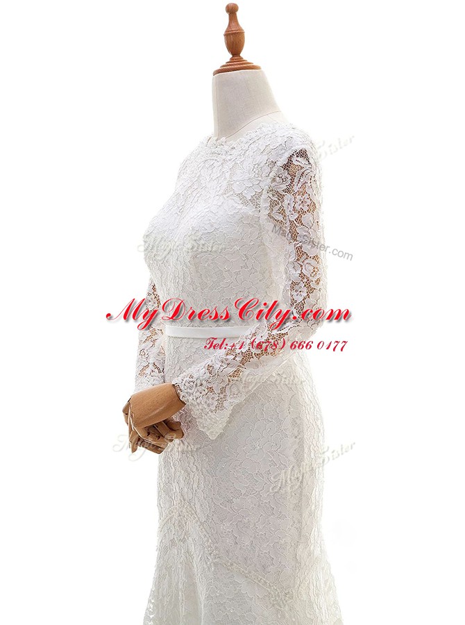 Fine Mermaid Scalloped Long Sleeves Brush Train Zipper Bridal Gown White Lace