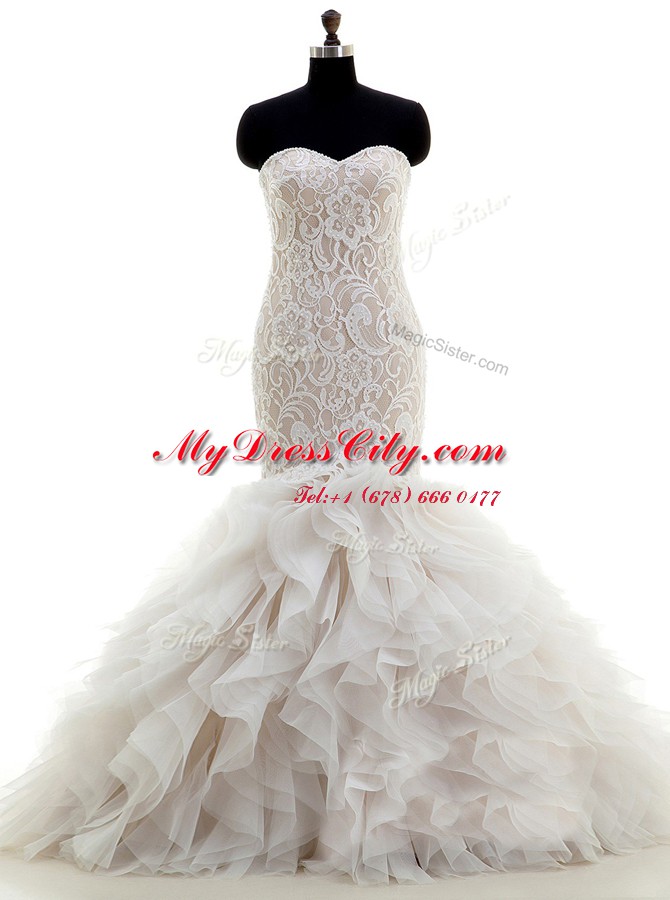 Mermaid White Sleeveless Tulle Brush Train Lace Up Wedding Gown for Wedding Party