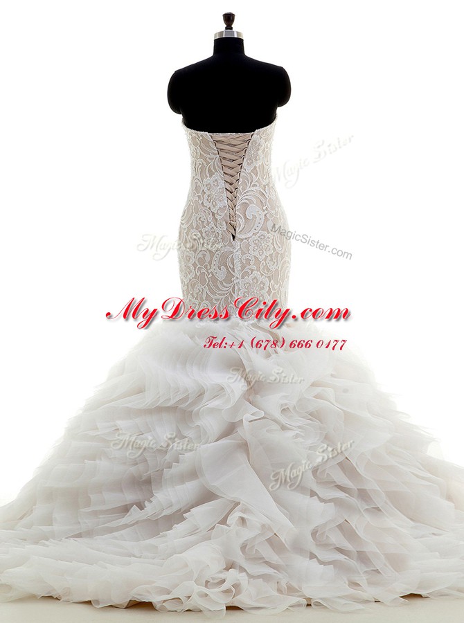 Mermaid White Sleeveless Tulle Brush Train Lace Up Wedding Gown for Wedding Party
