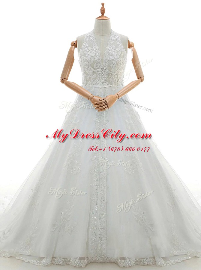 Super White Lace Up Wedding Gown Lace and Appliques Sleeveless With Train Watteau Train