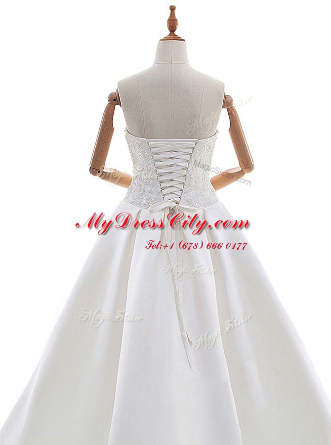 Super White Lace Up Wedding Gown Lace and Appliques Sleeveless With Train Watteau Train