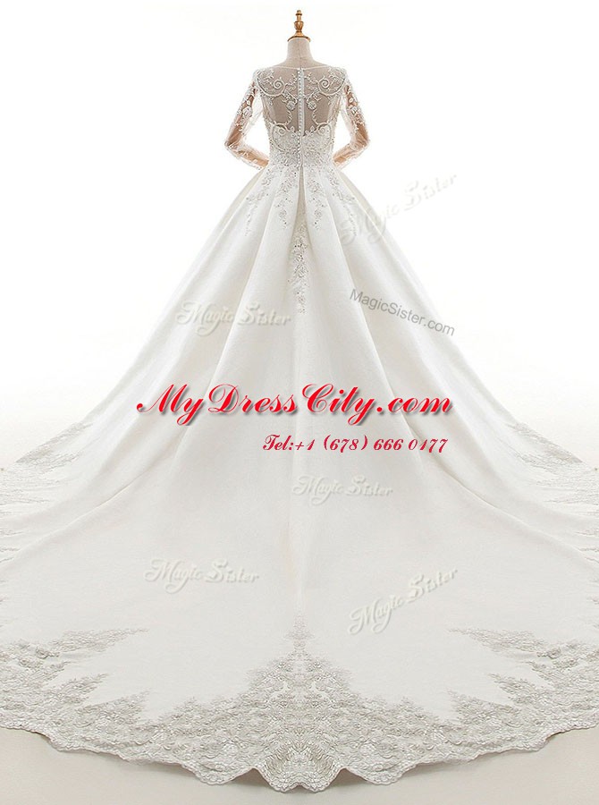 Long Sleeves With Train Appliques Zipper Wedding Gowns with White Cathedral Train