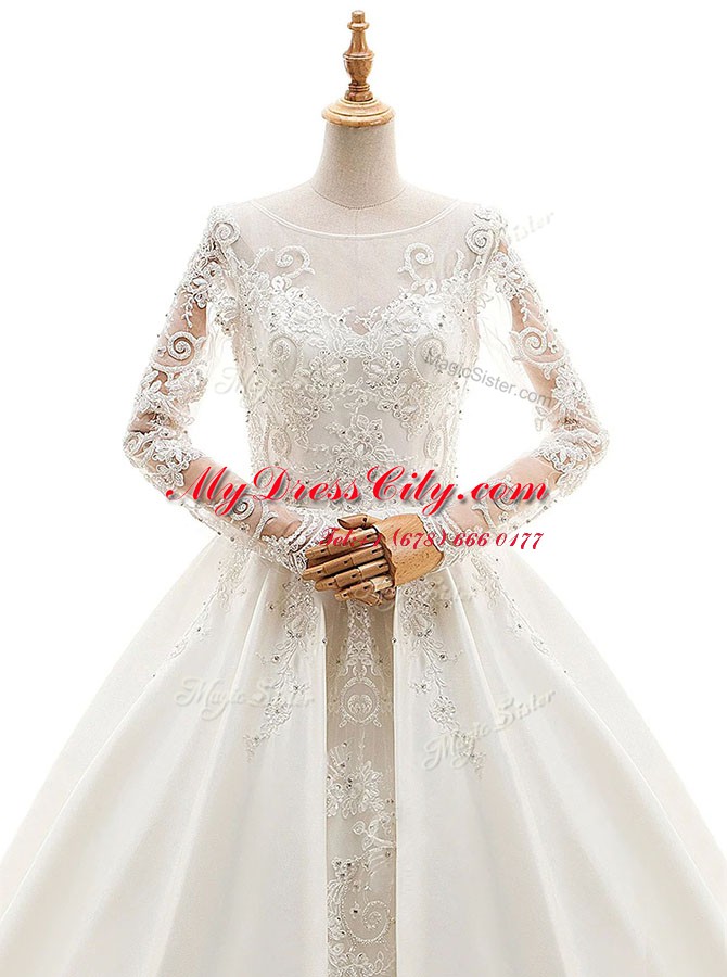 Long Sleeves With Train Appliques Zipper Wedding Gowns with White Cathedral Train