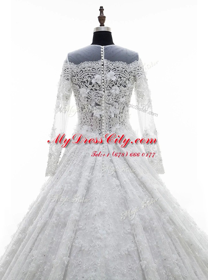 Scoop Lace White Long Sleeves Court Train Appliques Wedding Dresses