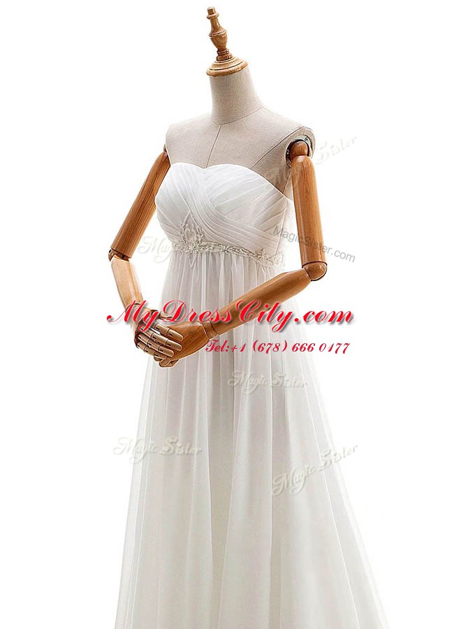 White Lace Up Wedding Dresses Beading Sleeveless With Brush Train