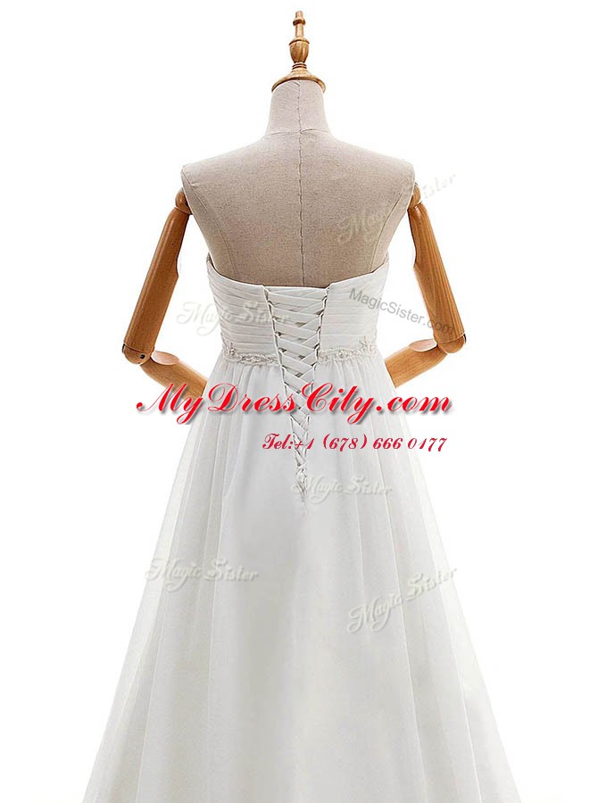 White Lace Up Wedding Dresses Beading Sleeveless With Brush Train