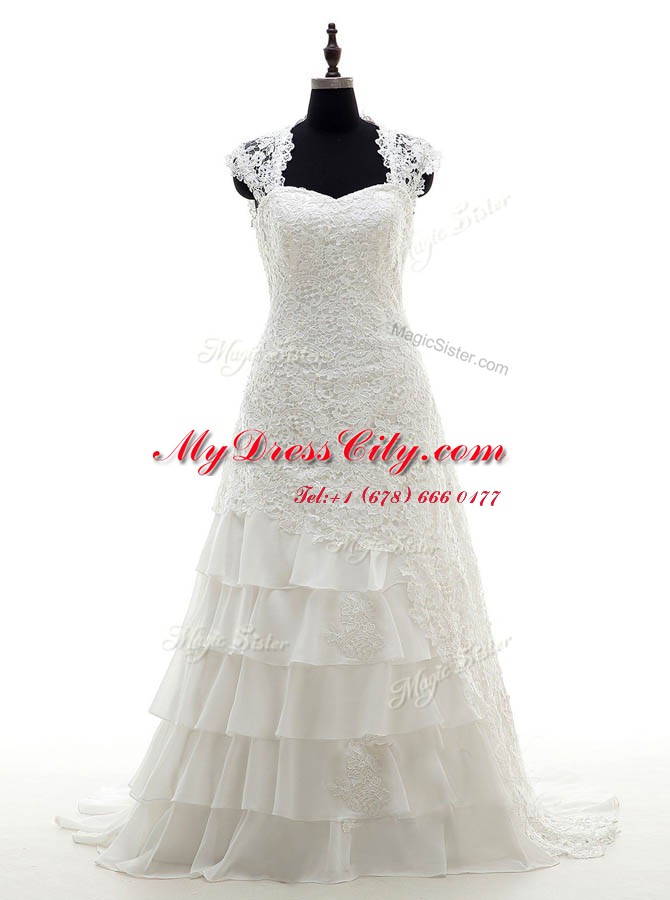 With Train White Wedding Dresses Lace Brush Train Cap Sleeves Lace and Ruffled Layers