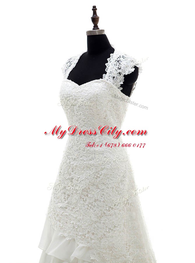 With Train White Wedding Dresses Lace Brush Train Cap Sleeves Lace and Ruffled Layers