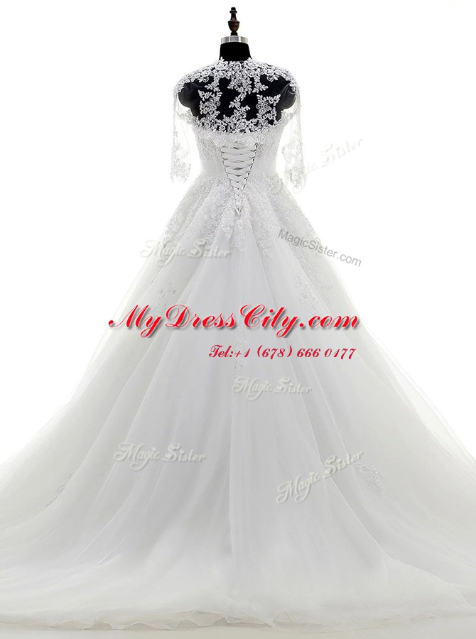 Most Popular Sleeveless Brush Train Lace Up With Train Beading and Lace and Appliques Bridal Gown