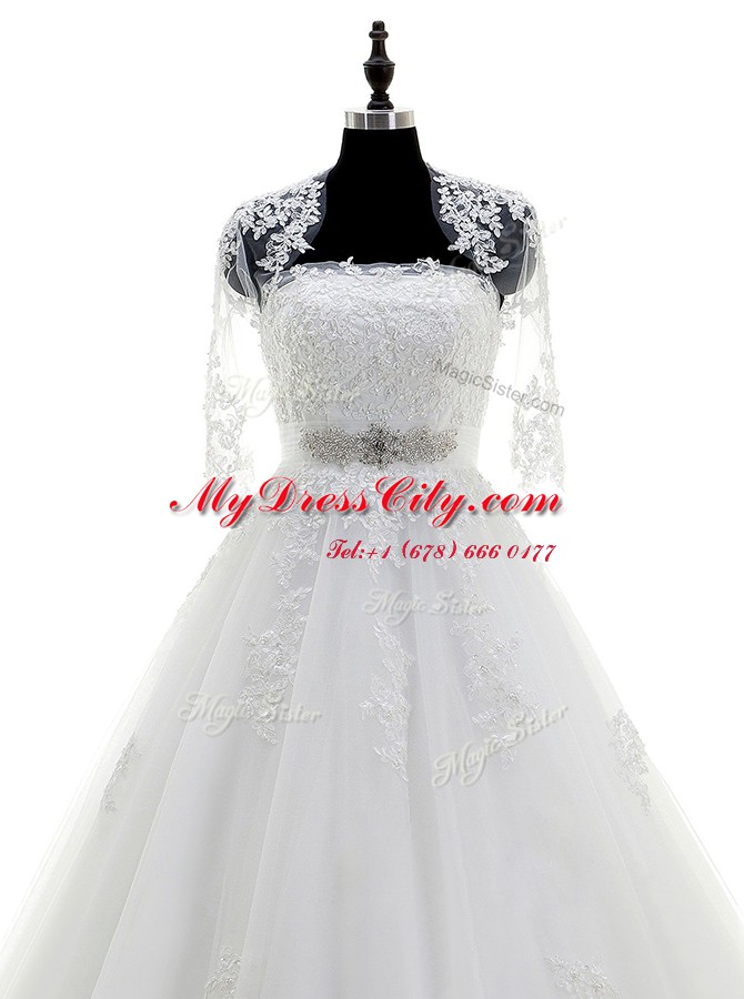 Most Popular Sleeveless Brush Train Lace Up With Train Beading and Lace and Appliques Bridal Gown
