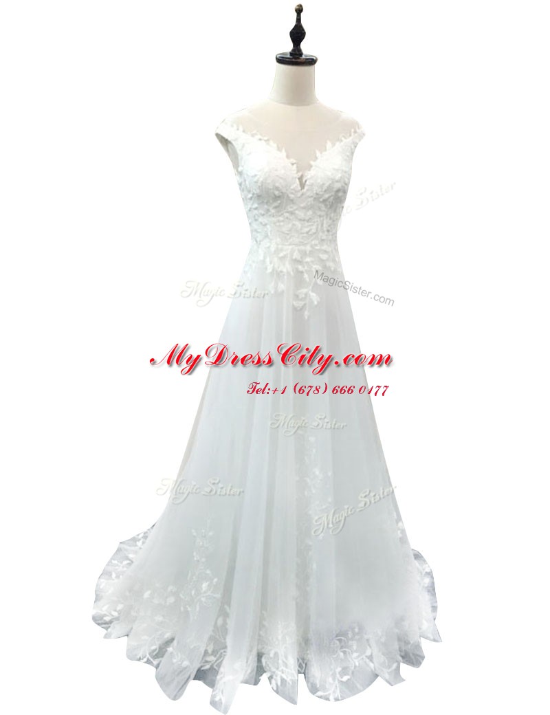 Glorious Scoop Sleeveless Wedding Dress With Brush Train Lace White Tulle