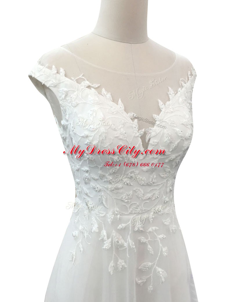 Glorious Scoop Sleeveless Wedding Dress With Brush Train Lace White Tulle