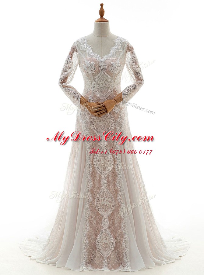 Lace V-neck Long Sleeves Brush Train Zipper Lace Wedding Dresses in White