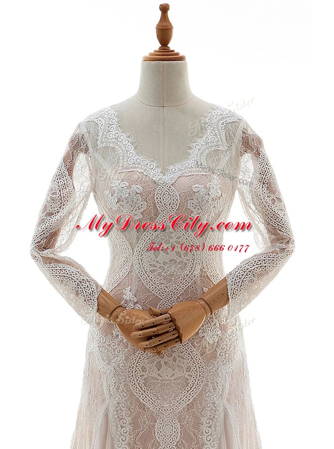 Lace V-neck Long Sleeves Brush Train Zipper Lace Wedding Dresses in White