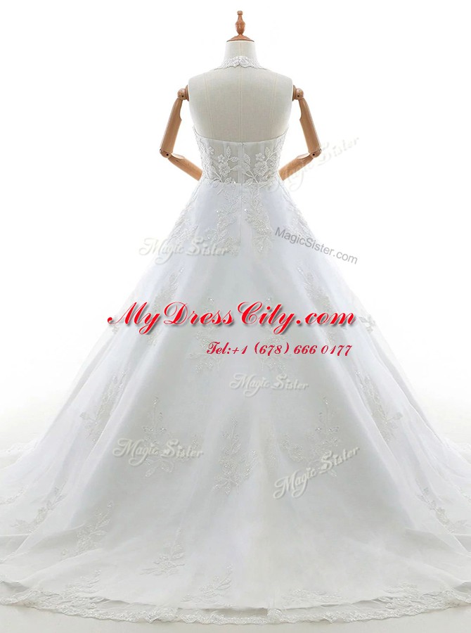 Lace White Zipper Wedding Dresses Appliques Sleeveless With Brush Train