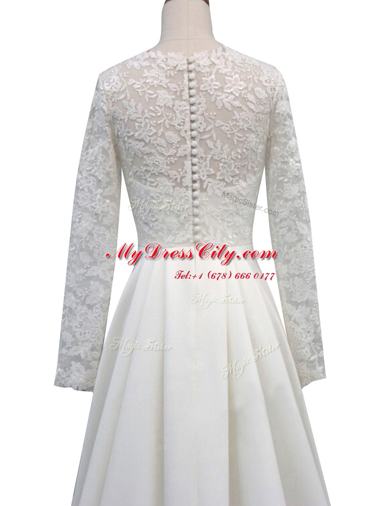 Fancy White Long Sleeves Satin Brush Train Clasp Handle Wedding Gown for Wedding Party