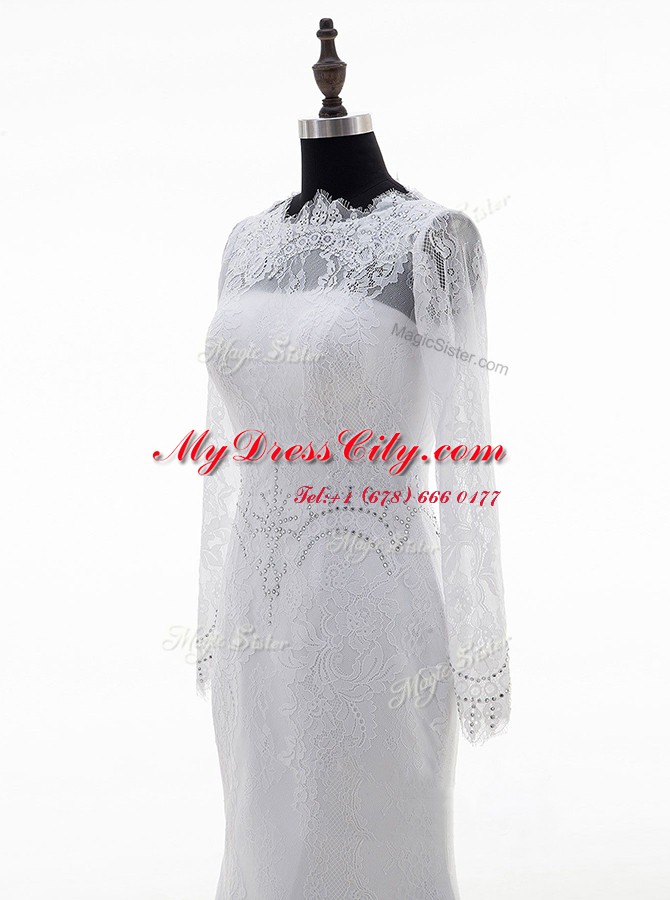 Best Selling Lace With Train Column/Sheath Long Sleeves White Wedding Dress Brush Train Zipper