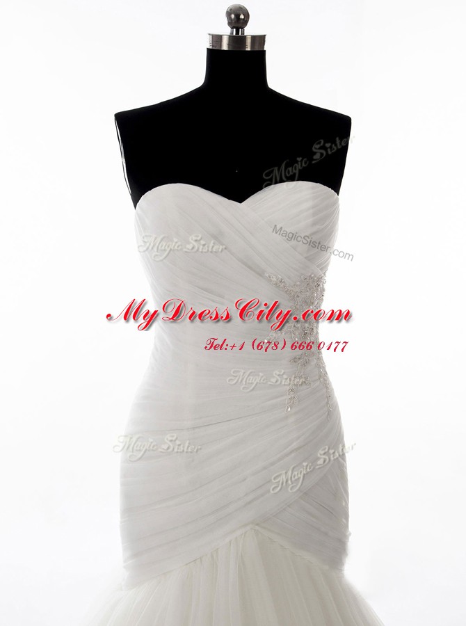Mermaid White Tulle Zipper Wedding Gown Sleeveless With Brush Train Beading