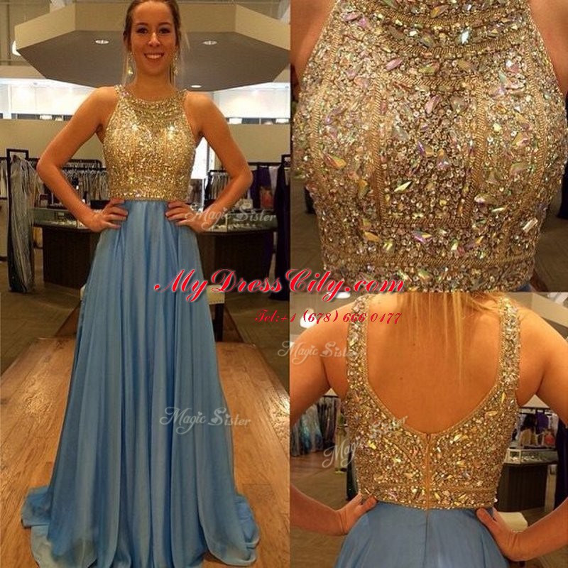 Modest Scoop Sleeveless Chiffon With Brush Train Zipper Evening Party Dresses in Blue with Sequins