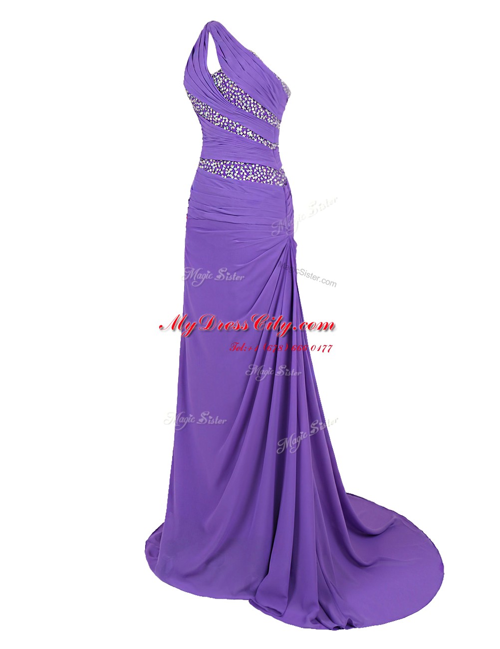 High End One Shoulder Purple Chiffon Zipper Prom Party Dress Sleeveless Brush Train Beading