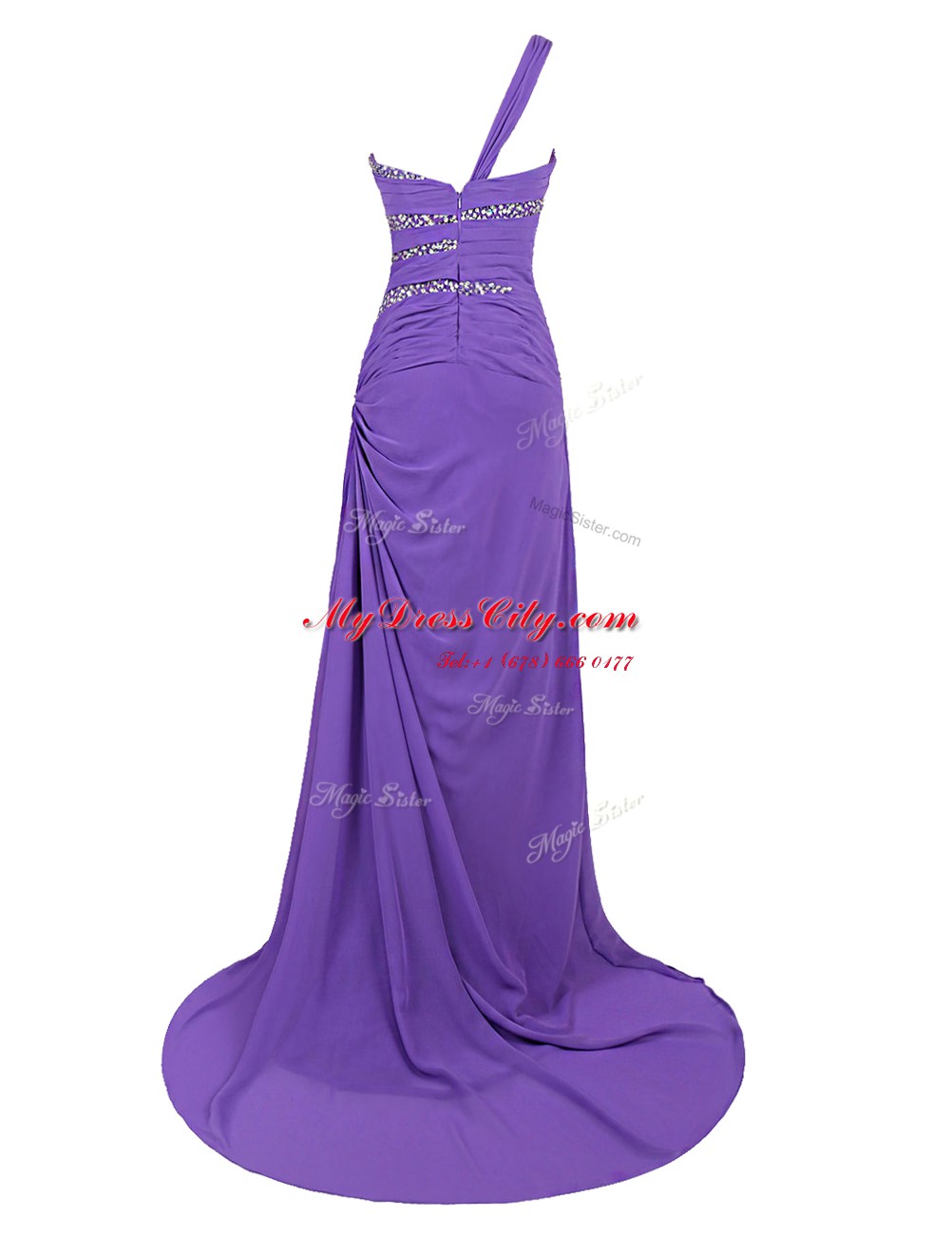 High End One Shoulder Purple Chiffon Zipper Prom Party Dress Sleeveless Brush Train Beading