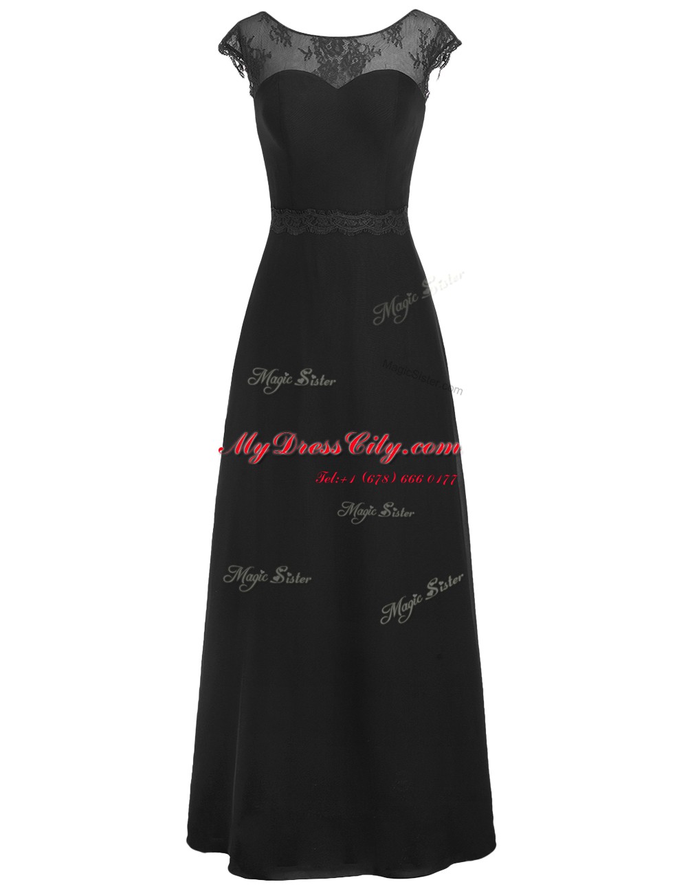 Luxury Black A-line Scoop Cap Sleeves Chiffon Floor Length Zipper Appliques Prom Party Dress