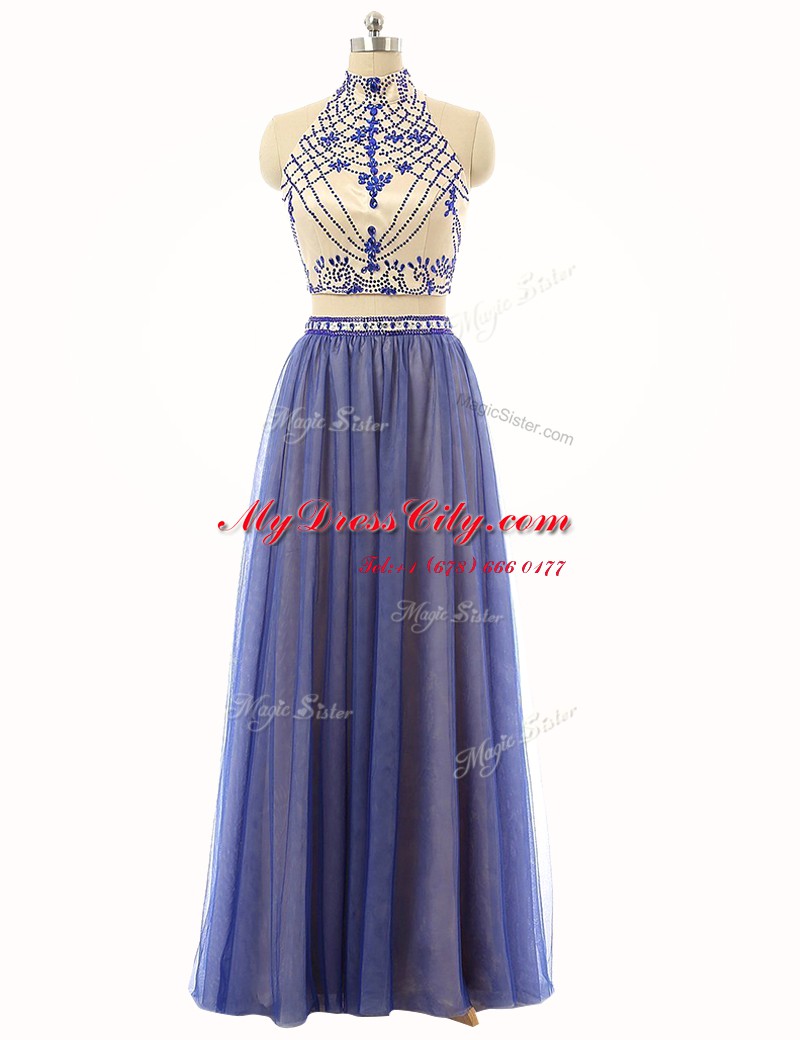 High End Blue Tulle Zipper Evening Dress Sleeveless Floor Length Beading