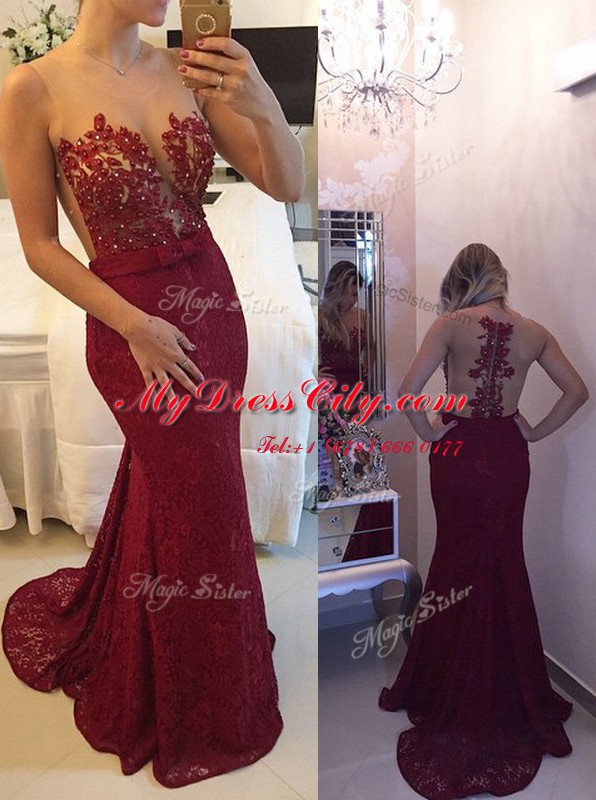 Artistic Mermaid Burgundy Evening Dress Prom and Party and For with Beading and Appliques and Bowknot Scoop Sleeveless Court Train Zipper