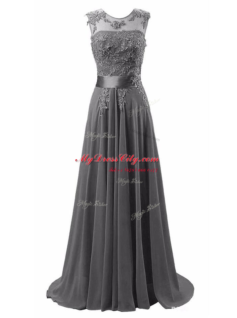 Luxury Grey A-line Chiffon Scoop Sleeveless Beading and Appliques Lace Up Dress for Prom Brush Train