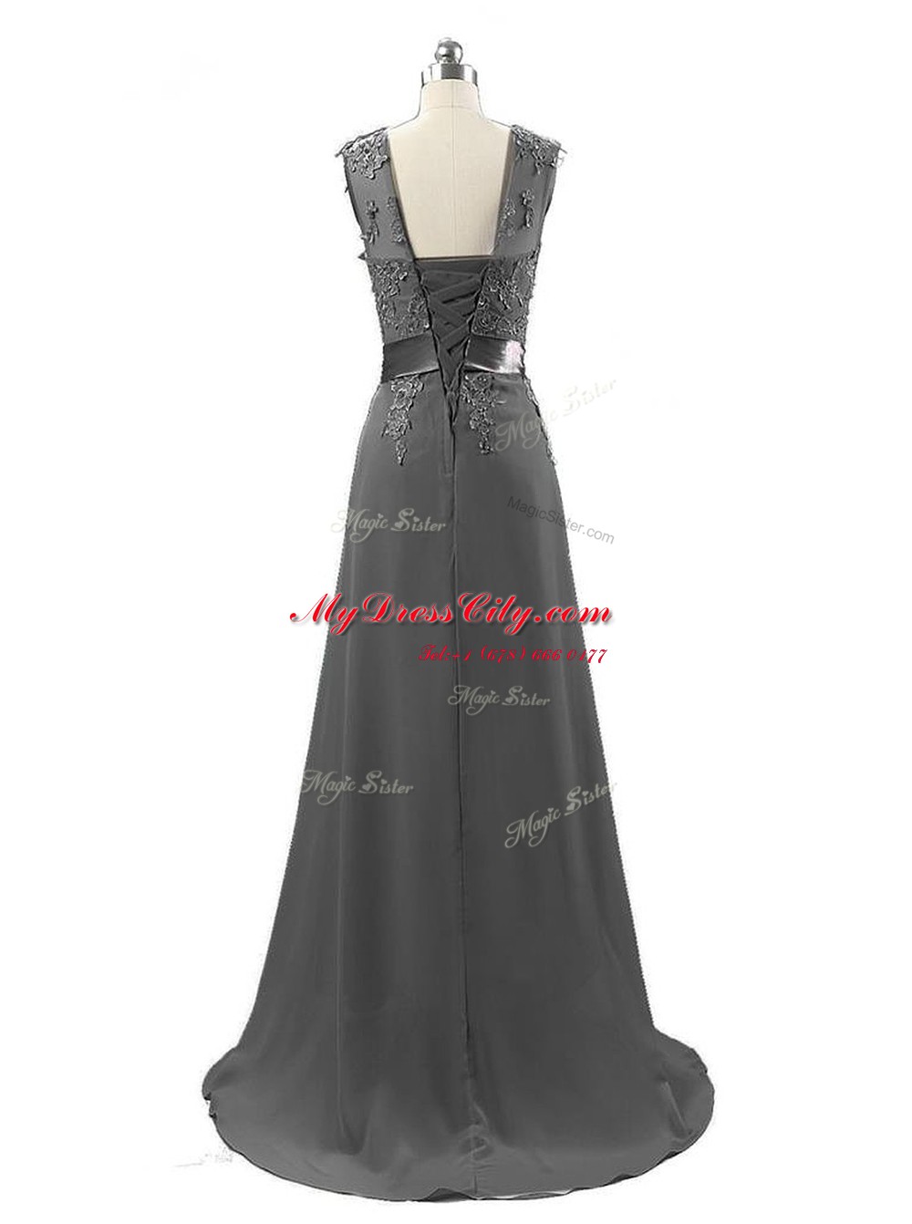 Luxury Grey A-line Chiffon Scoop Sleeveless Beading and Appliques Lace Up Dress for Prom Brush Train