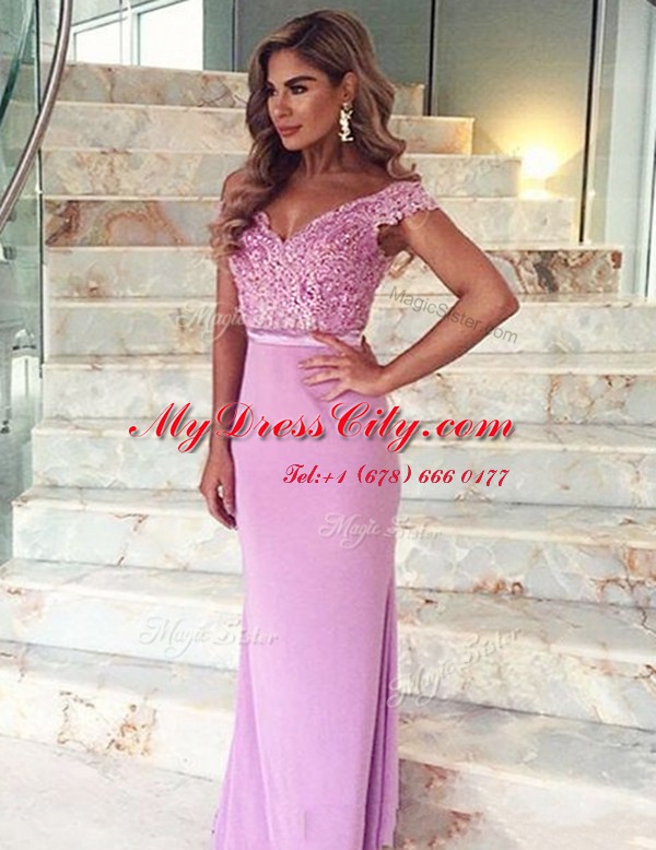 Cheap Mermaid Off the Shoulder Elastic Woven Satin Short Sleeves Prom Gown Brush Train and Lace and Sashes ribbons