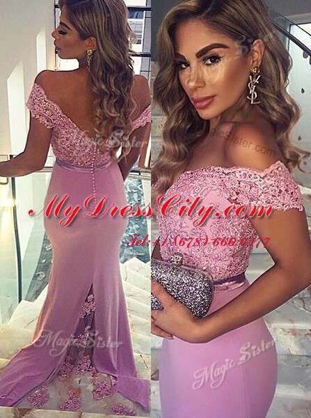 Cheap Mermaid Off the Shoulder Elastic Woven Satin Short Sleeves Prom Gown Brush Train and Lace and Sashes ribbons