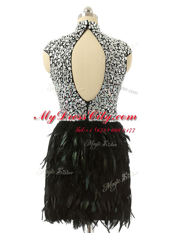 Knee Length Black Prom Party Dress High-neck Cap Sleeves Zipper