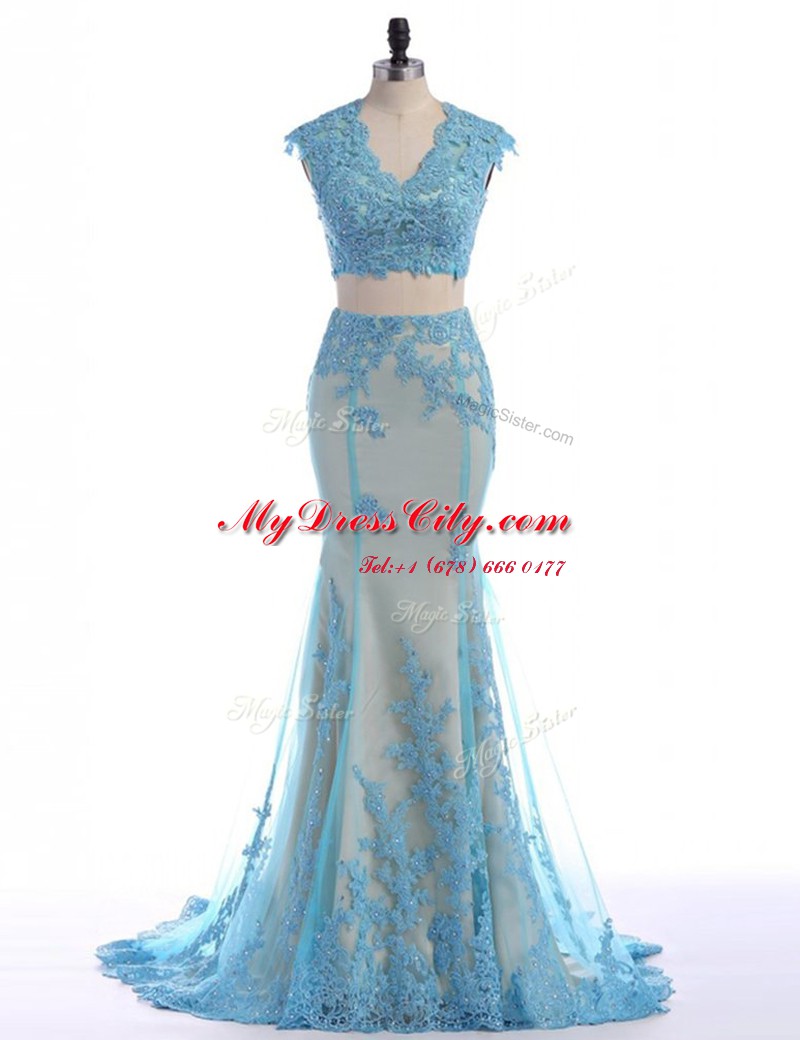 Most Popular Mermaid V-neck Sleeveless Prom Dress With Brush Train Lace Blue Tulle