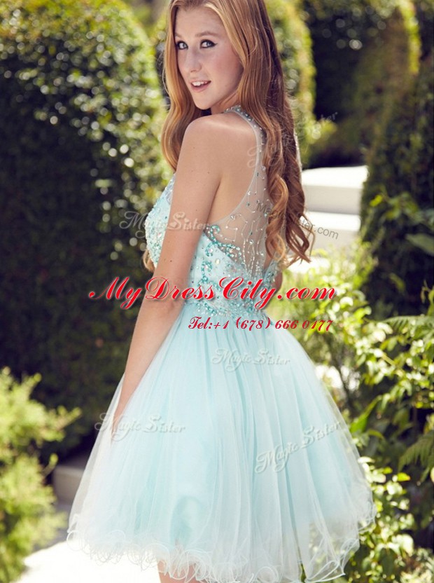 Delicate Scoop Light Blue A-line Beading and Ruching Prom Dress Zipper Organza Sleeveless Mini Length