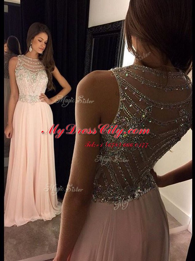 Chiffon Scoop Sleeveless Side Zipper Beading Dress for Prom in Pink