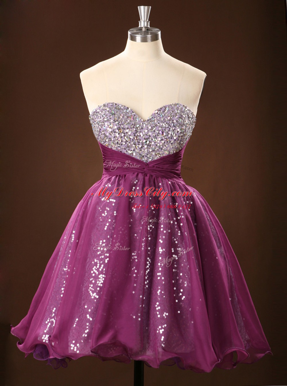 Vintage Purple Sleeveless Sequins Mini Length Dress for Prom