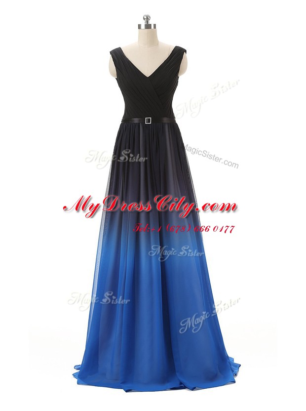 Fine Blue And Black Evening Dress Prom and Party and For with Belt V-neck Sleeveless Zipper