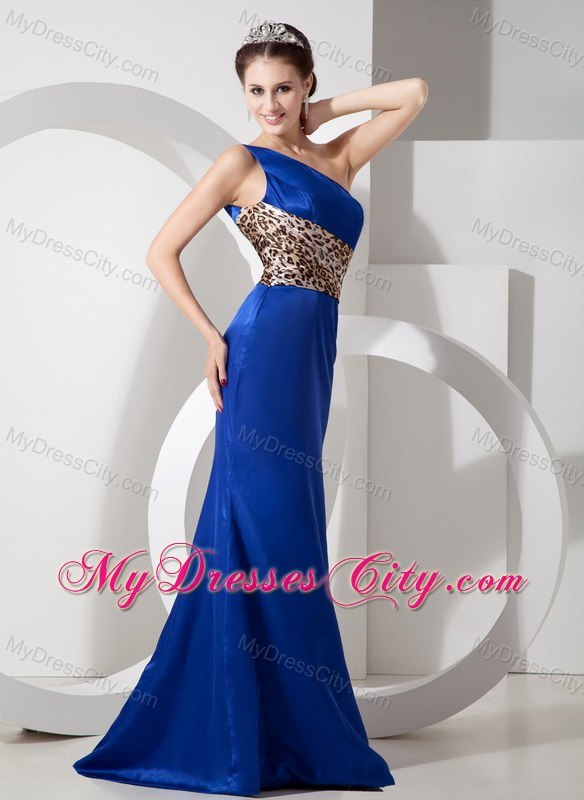 Exclusive Blue Column One Shoulder Evening Dress with Leopard