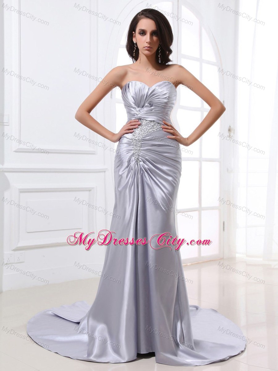 Silver Custom Made Evening Dresses with Ruched Bodice Beading