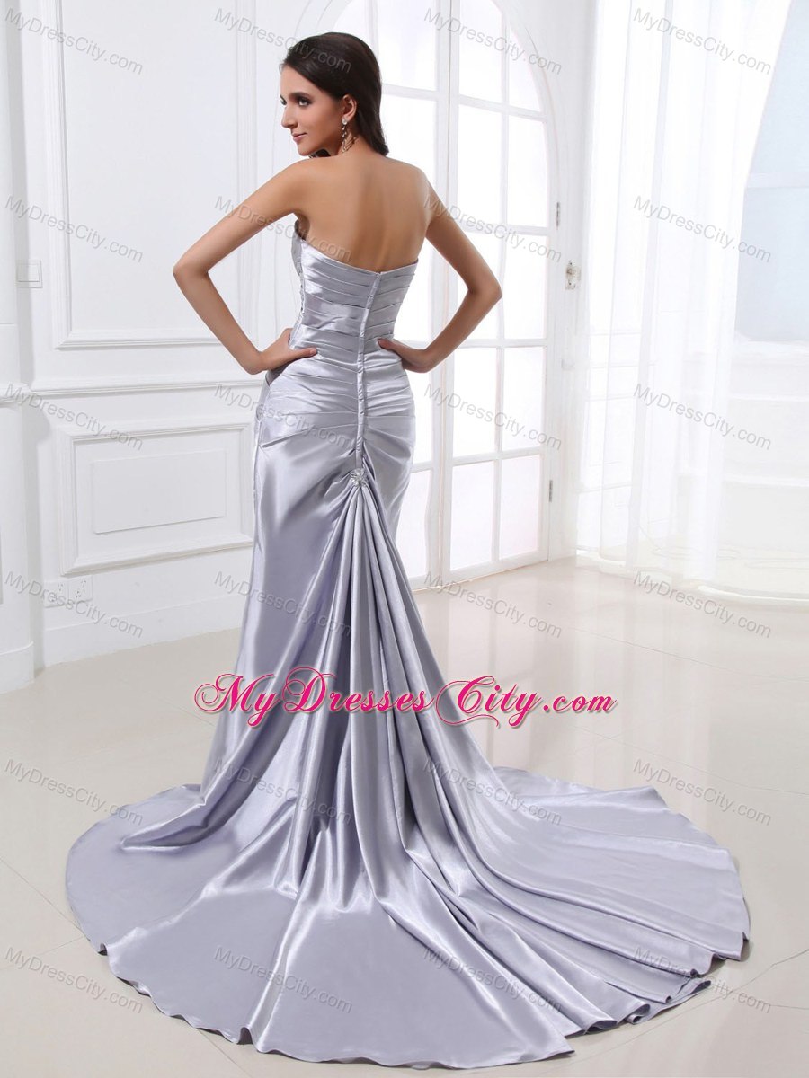 Silver Custom Made Evening Dresses with Ruched Bodice Beading